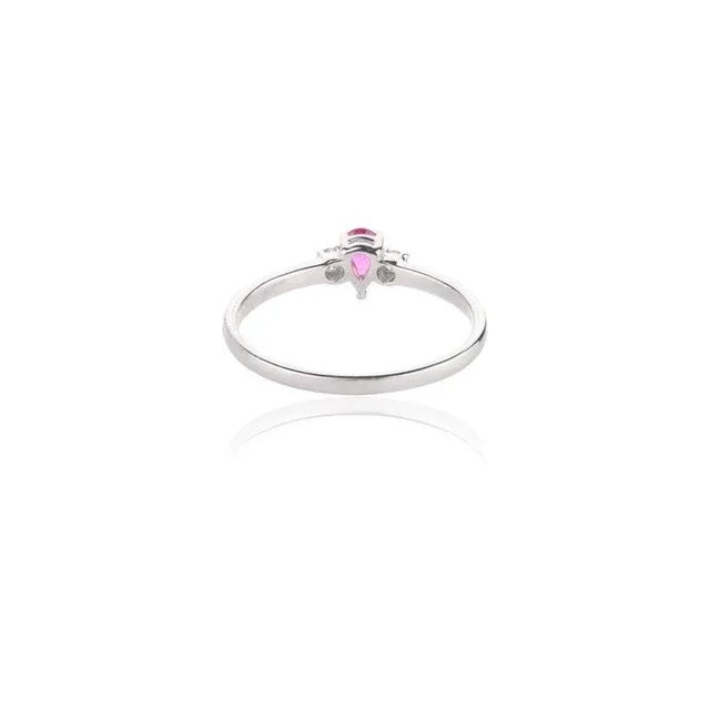 Metal Modern Pear Ruby Diamond Three Stone Promise Ring in 14k White Gold For Sale - Image 7 of 14