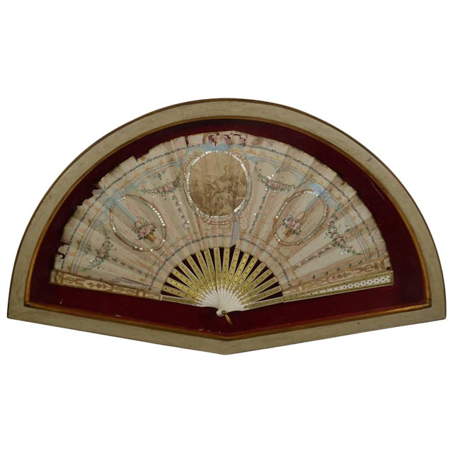 Framed 18th Century Hand-Painted Fan For Sale