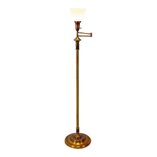 Vintage Brass Swing Arm Torchiere Floor Lamp With Milk Glass Diffuser For Sale