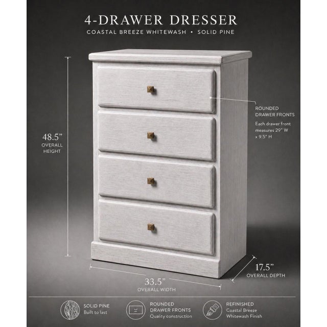 Contemporary Late 20th Century Solid Pine 4-Drawer Dresser in Our Signature Coastal Breeze Finish For Sale - Image 3 of 6