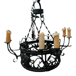 1940s Gothic Medieval Wrought Iron Eight Candle Chandelier