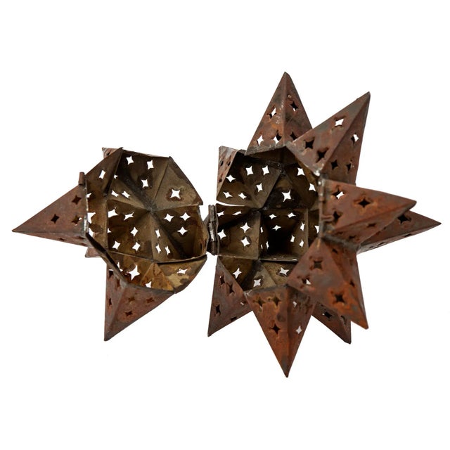 Vintage Moroccan Style Pierced 18 Point Hinged Iron Star Candle Curio For Sale In Los Angeles - Image 6 of 11