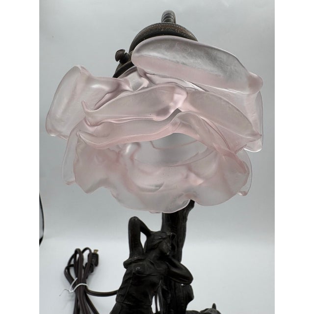 Metal 1900s Art Nouveau Bronze Figural Table Lamp With Pink Glass Flower Shade For Sale - Image 7 of 12