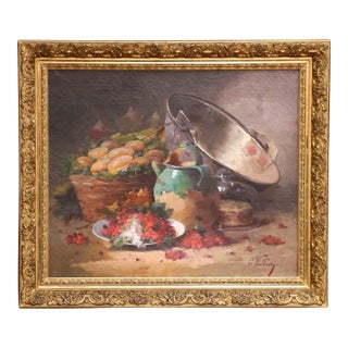 19th Century French Still Life Oil Painting in Carved Gilt Frame by G. Vallon For Sale