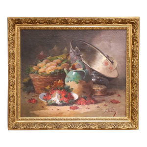 19th Century French Still Life Oil Painting in Carved Gilt Frame by G. Vallon