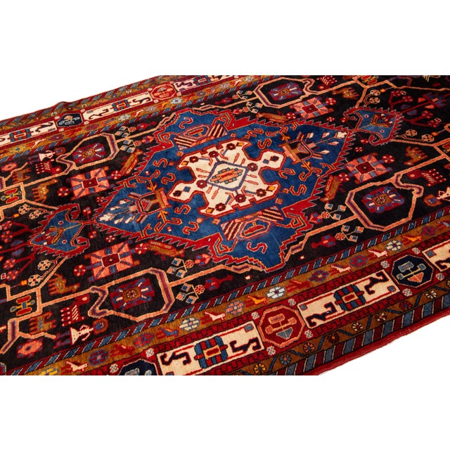 1960s Vintage Persian Hamadan Hand-Knotted With Blue Field and Multicolor Accents Wool Rug For Sale - Image 4 of 7