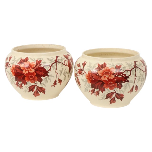 Large Antique Flower Pots Cachepots with Floral Decor, Set of 2 For Sale - Image 10 of 18