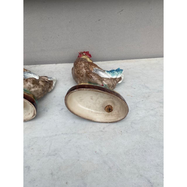 Camel French Majolica Rooster & Hen Circa 1890-A Pair For Sale - Image 8 of 8