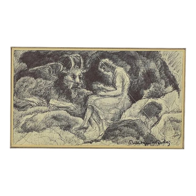 Mogniat-Duclos Bertrand, Figures With Dragon, Pen on Paper, 1950s For Sale
