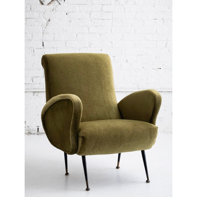 Mid-Century armchair similar in style to Marco Zanuso's "Lady Chair." Newly reupholstered in a moss green wool-blend...