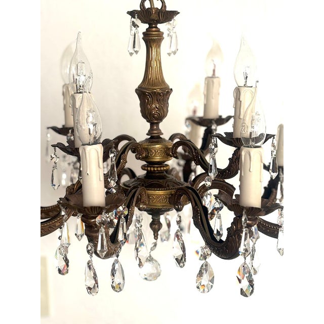 Metal Antique French Brass and Lead Crystal Twelve-Light Chandelier, 1920s For Sale - Image 7 of 11