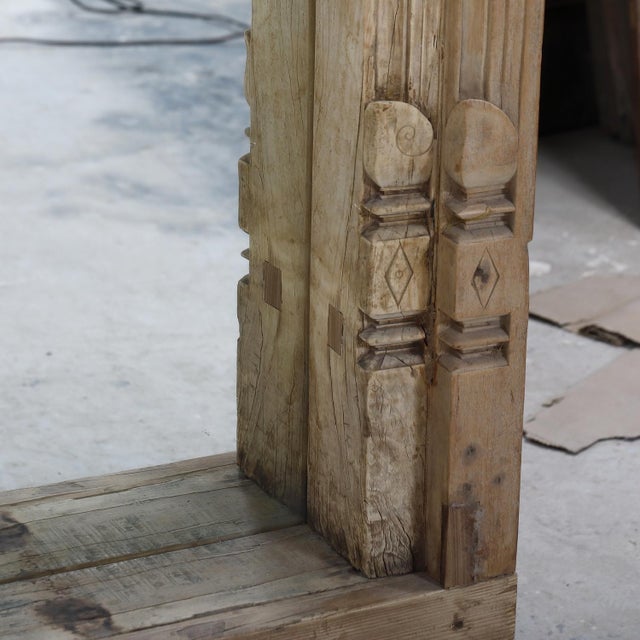 Farmhouse Antique Indian Bleached Teakwood Carved Door Frame C. 1880, With a Mirror Added on Iron Legs For Sale - Image 3 of 6
