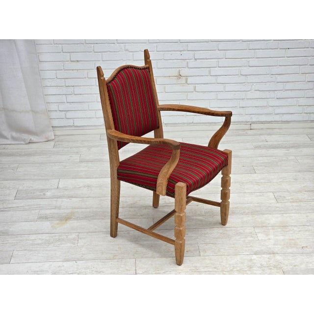 1970s, Danish armchair. Striped red furniture wool, solid oak wood. Original very good condition: no smells, no stains and...