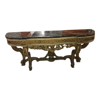 Italian Carved Console Table Gold With Green Marble Top For Sale