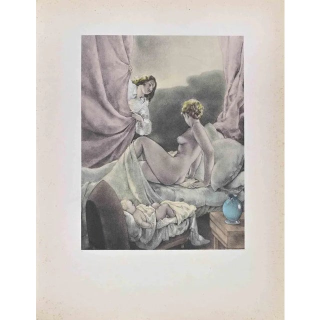 The sweet awakening is a color lithograph on ivory paper, created by the Italian artist Umberto Brunelleschi (Montemurlo...