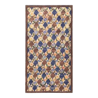 1930s Brown Diamond Floral Antique American Hooked Rug 3' 6" X 6' 4" Handknotted Wool Carpet For Sale
