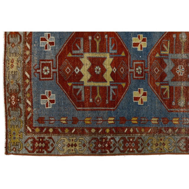 Blue Antique Malayer Runner Rug With Geometric Medallions in Muted Blue & Rust For Sale - Image 8 of 9