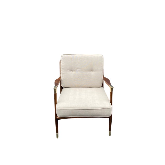 Anthropologie Anthropologie Haverhill Lounge Chair — Walnut + Brass + Oatmeal Linen, Never Used For Sale - Image 4 of 6
