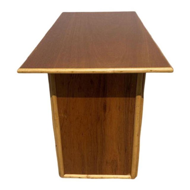 Wood 1950s Restored Post-War Hawaiian Koa Wood Desk W/ Rattan Border For Sale - Image 7 of 7