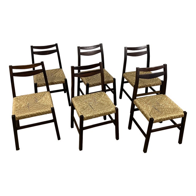 Italian Chairs in Teak Wood and Straw, 1960s, Set of 6 For Sale
