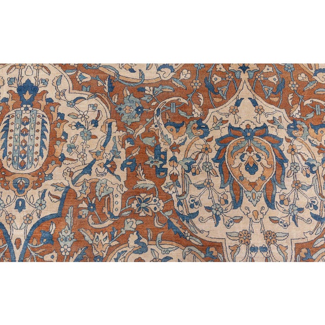 1900 - 1909 1900s Persian Kirman Brown, Beige and Blue Handmade Wool Rug For Sale - Image 5 of 10