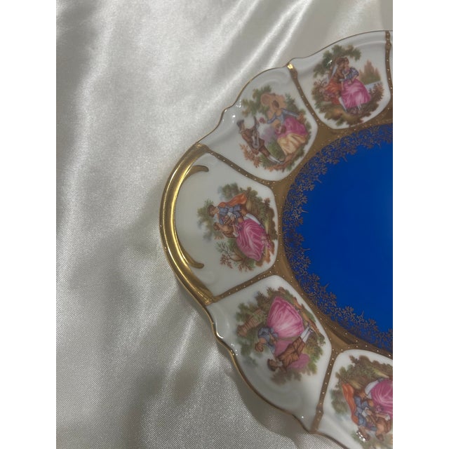 French Country Vintage Schaller Bavaria Fragonard Porcelain Serving Tray | Cobalt Blue & Gold Gilt | Made in Germany For Sale - Image 3 of 11