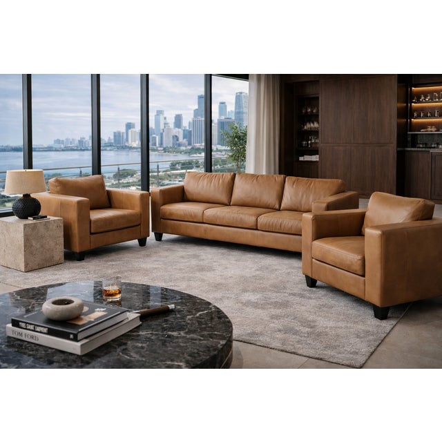 Contemporary Loom Golden Light Leather Sofa & Lounge Chair Set Special Edition For Sale - Image 3 of 11