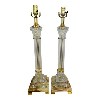 Mid 20th Century Corinthian Column-Style Marble, Glass & Brass Table Lamps - a Pair For Sale