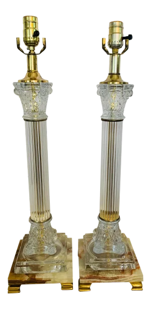 Mid 20th Century Corinthian Column-Style Marble, Glass & Brass Table Lamps - a Pair