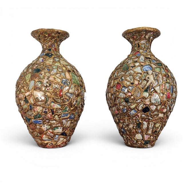 French Country Monumental Pair California Memory Ware Mosaic Floor Vases Pique Asiette 23" For Sale - Image 3 of 18