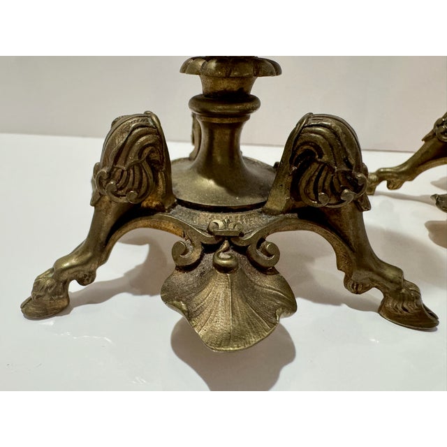 Shell Early 19th Century Pair Ornate Gothic Revival Brass Candlesticks Hoof Feet Floral Tripod Bases For Sale - Image 7 of 9