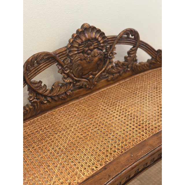 Wood Vintage Hand-Carved Cane Bench With Ornate Floral Crest For Sale - Image 7 of 7