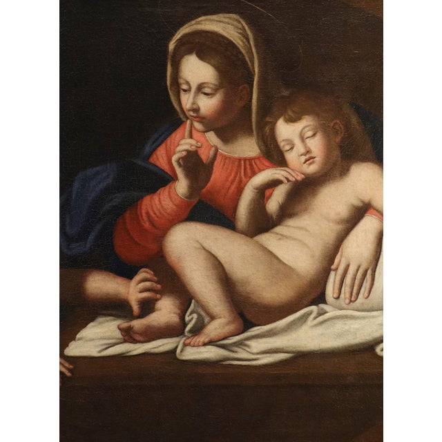 Early 18th Century Annibale Carracci, Madonna and Child with Saint John the Baptist, The Silence, 16th Century, Oil Painting on Canvas, Framed For Sale - Image 5 of 14