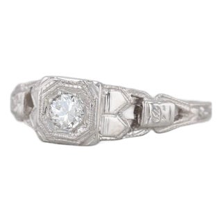 Vintage 0.14ct Transitional Cut Diamond Engagement Ring 18k White Gold Size 5 For Sale