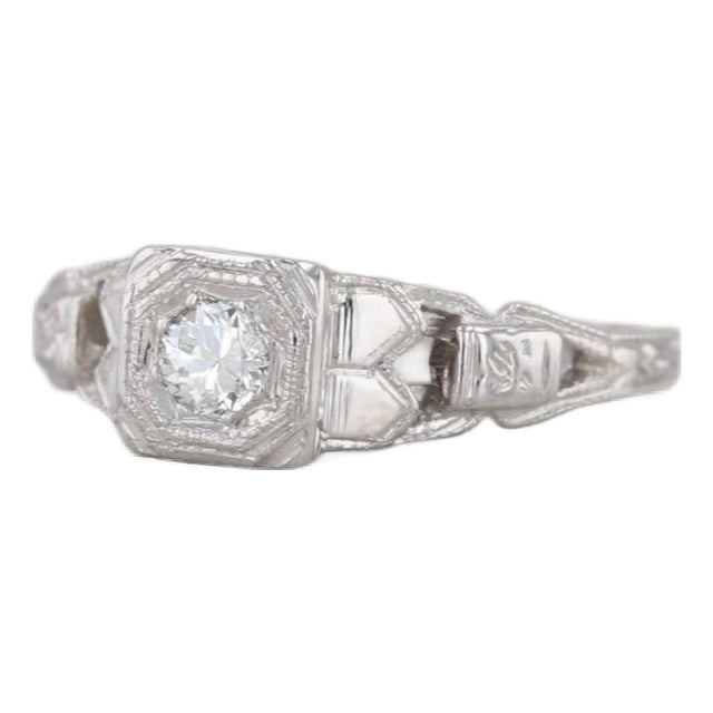 Vintage 0.14ct Transitional Cut Diamond Engagement Ring 18k White Gold Size 5 For Sale