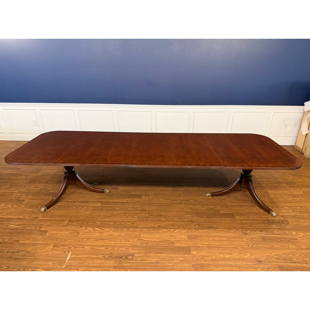 Traditional Banded Double Pedestal Mahogany Dining Table by Leighton Hall - Showroom Sample For Sale - Image 18 of 18