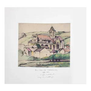 Early 20th Century "L'Eglise De Vetheuil or the Church At Vetheuil" Naturalistic Aquarelle Watercolor Painting on Paper by Mary Antoinette Amennecier