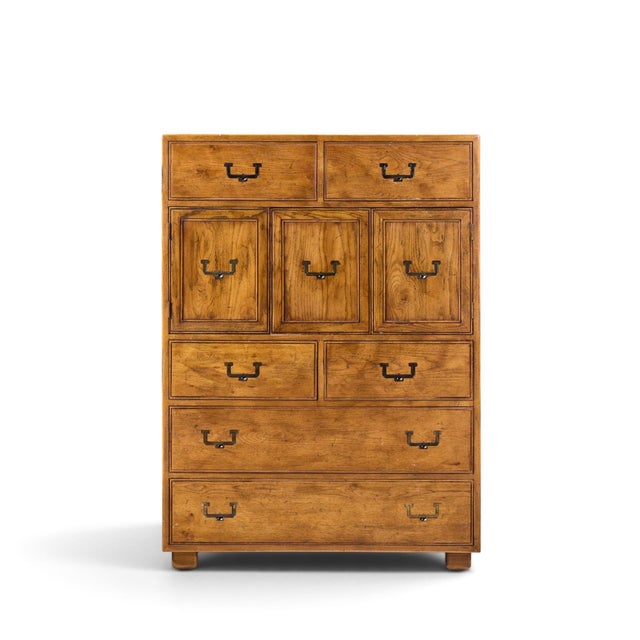 Henredon Campaign Mid Century Oak and Brass Highboy Dresser Armoire This armoire measures: 40 wide x 19 deep x 55.25...