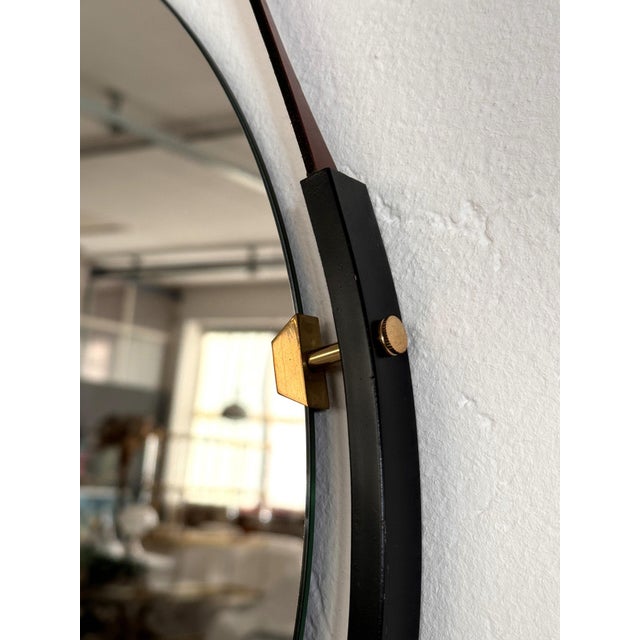 Italian Floating Wall Mirror with Leather Strap and Brass Details, 1960s For Sale - Image 3 of 14