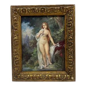 19th Century, Gustave Doens Painting on Celluloid of a French Nude Beauty