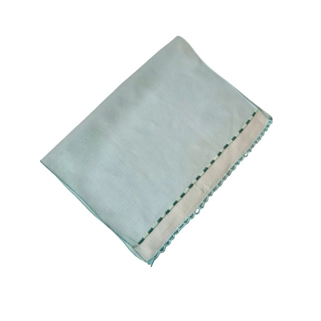 Vintage French Linen Guest Towel, Hand Crocheted Scalloped Edge Aqua Blue Linen, Drawn Thread Accent Band, Heirloom Linen Making 1930s 1940s For Sale - Image 9 of 9