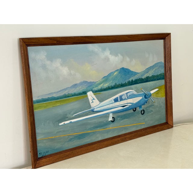 Large 1960s original oil painting of a single prop engine. Framed in wood and signed M.B. Lilly, 1964. Please see...
