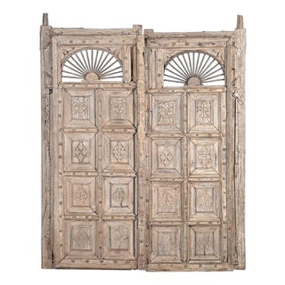 Antique Indian Carved and Bleached Teakwood Large Door For Sale