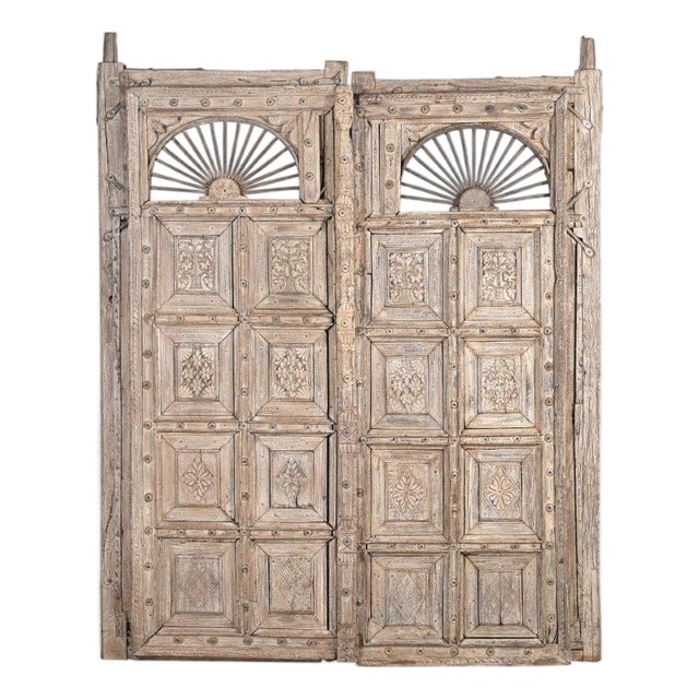 Antique Indian Carved and Bleached Teakwood Large Door For Sale