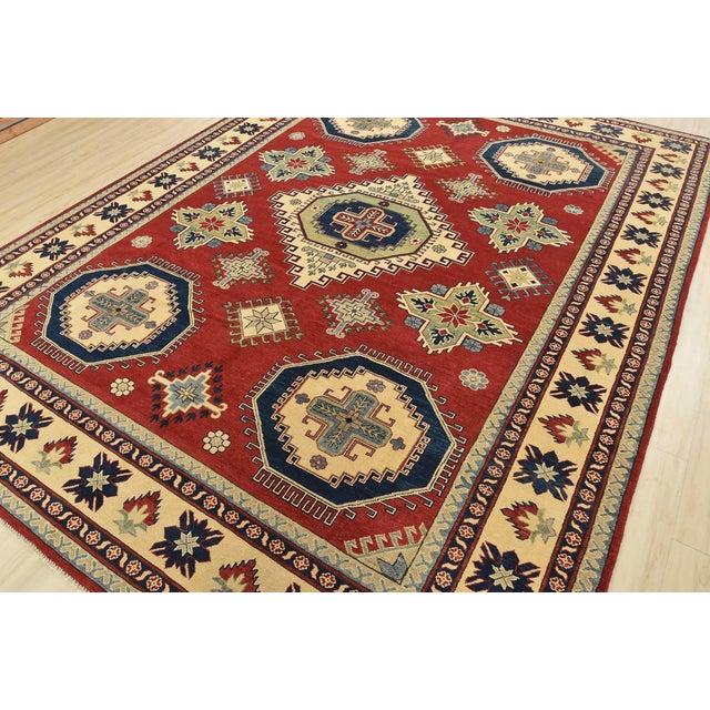 Tribal Kazak Rug 9'1'' X 11'11'' Red Wool Tribal Hand-Knotted Oriental Carpet For Sale - Image 3 of 12