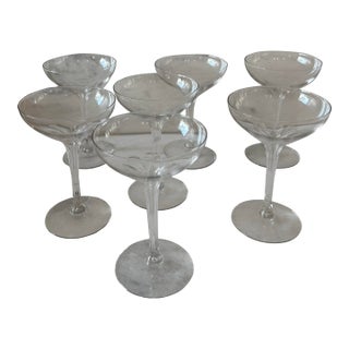 Vintage 1930s Hollow Stem Clear Glass Coupes - Set of 7 For Sale