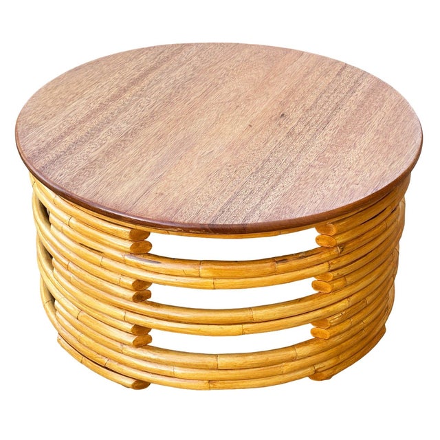 Mid-Century Modern 1950s Restored Mid-Century Round Architectural Rattan Coffee Table With Mahogany Top For Sale - Image 3 of 5