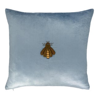 Cerulean Bee Silk Velvet Embroidered Throw Pillow Cover, 20 X 20 For Sale