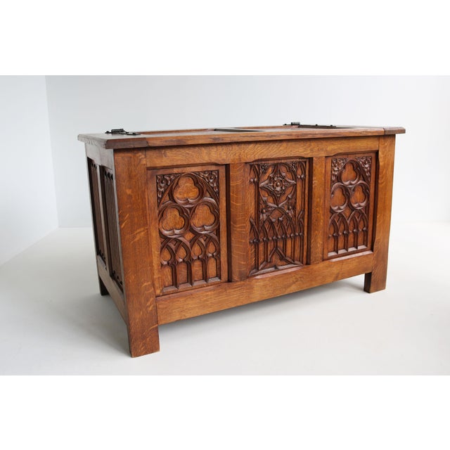 Antique 19th Century French Gothic Revival Blanket Chest in Carved Oak and Forged Iron, 1880 For Sale - Image 4 of 14