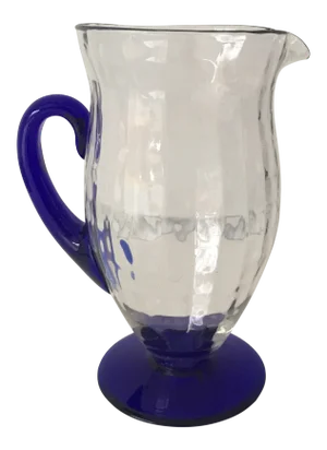 Vintage Handblown Cobalt/Clear Glass “peanut-Sided” Pitcher